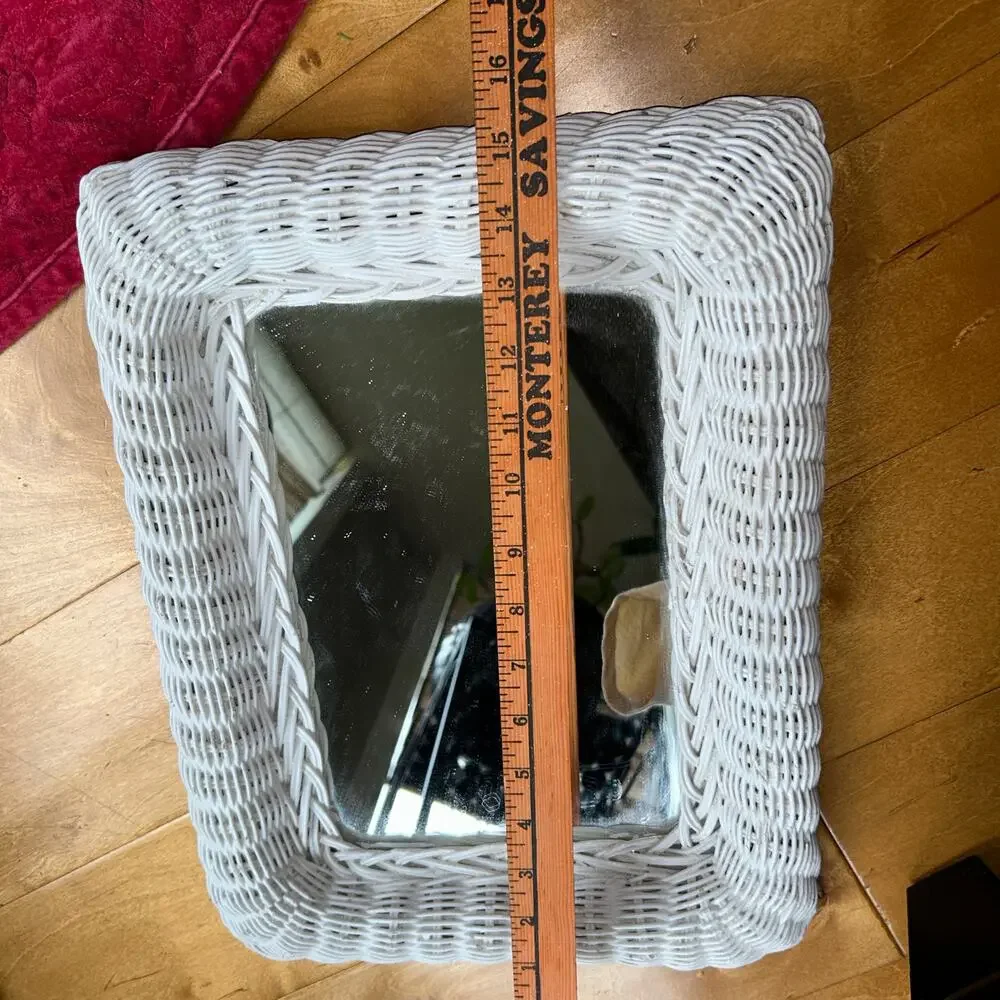 White Wicker Wall Mirror Coastal Cottage Farmhouse Boho Shabby Chic 11x15”